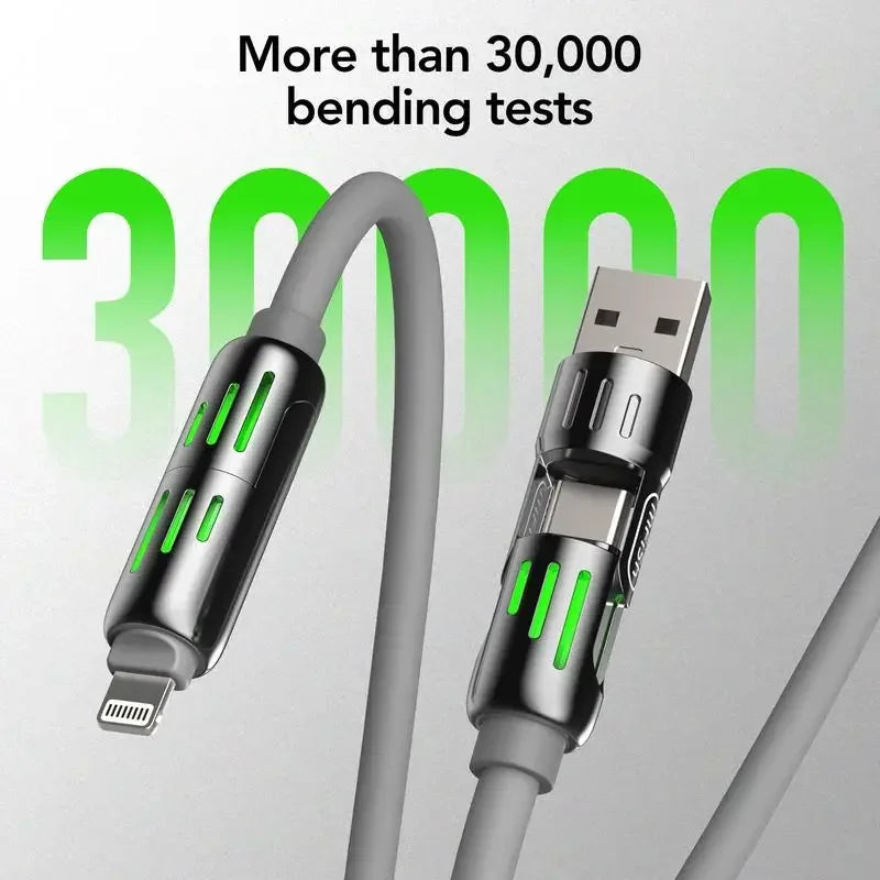 Nahaufnahme eines silbernen USB-C-Kabels mit grünen Akzenten, das Biegetests demonstriert.