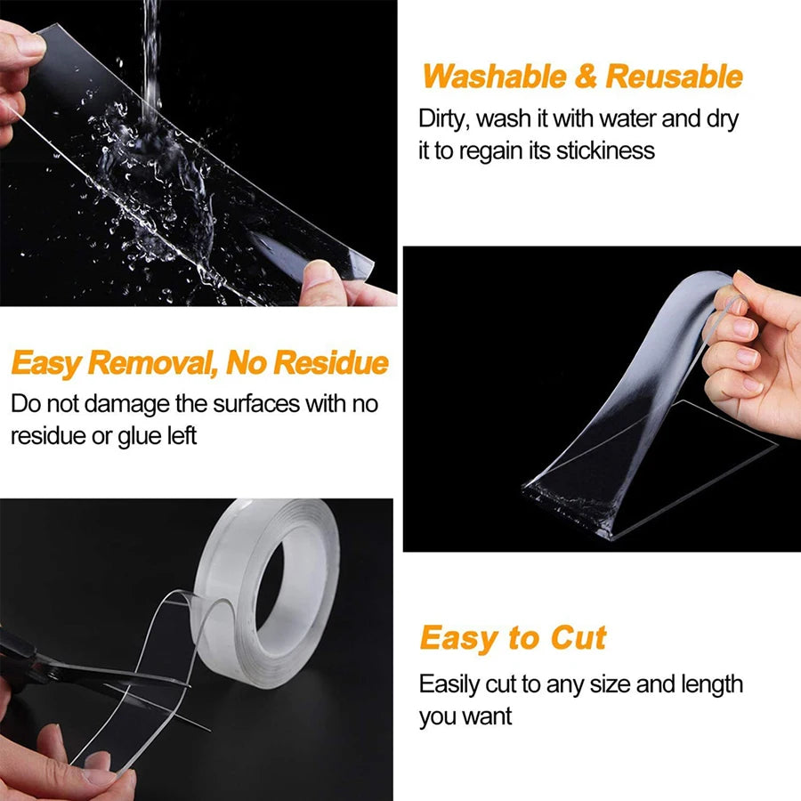 A set of clear double-sided adhesive tape is shown with instructions for washing, removal, and cutting.