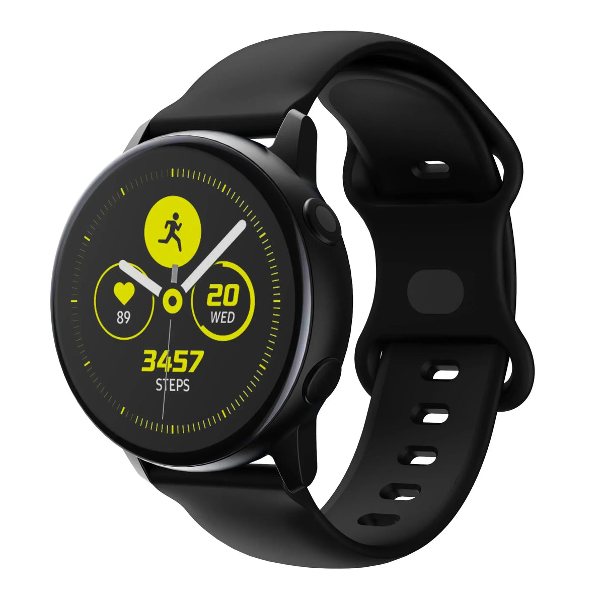 A black silicone watchband for an Amazfit Bip 6 showing a fitness tracking screen with step count and date.