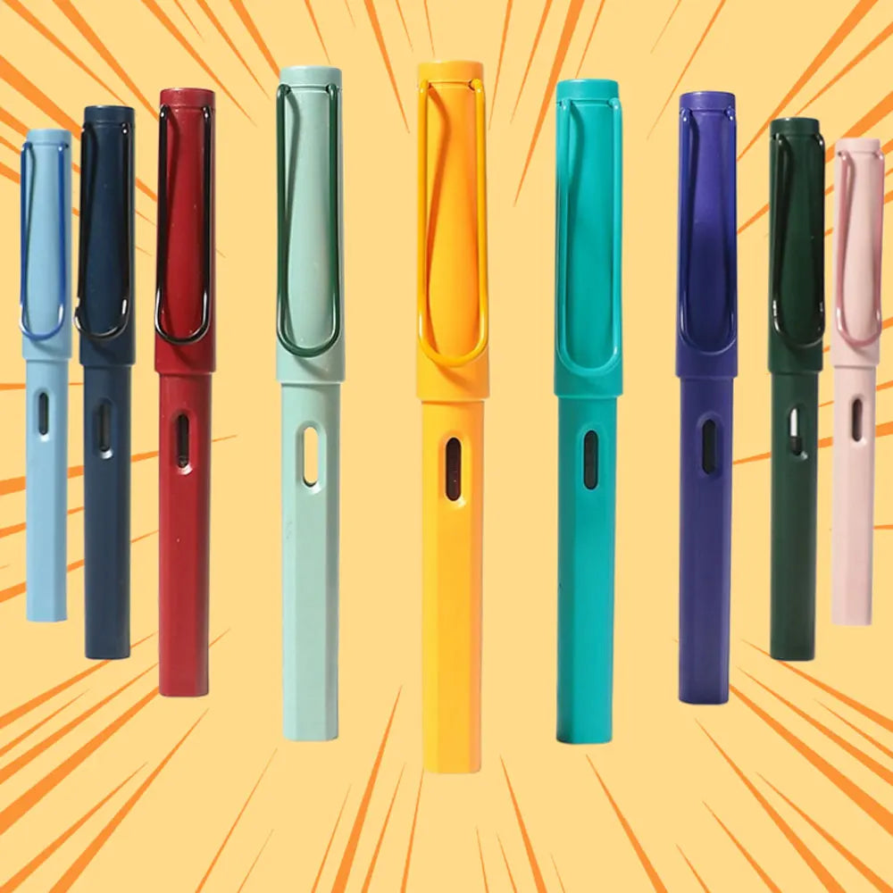 A set of seven Morandi Retro fountain pens in various colors including blue, black, red, green, yellow, and purple.