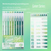 A set of green gel pens and journaling pens in various shades and styles for painting and doodling