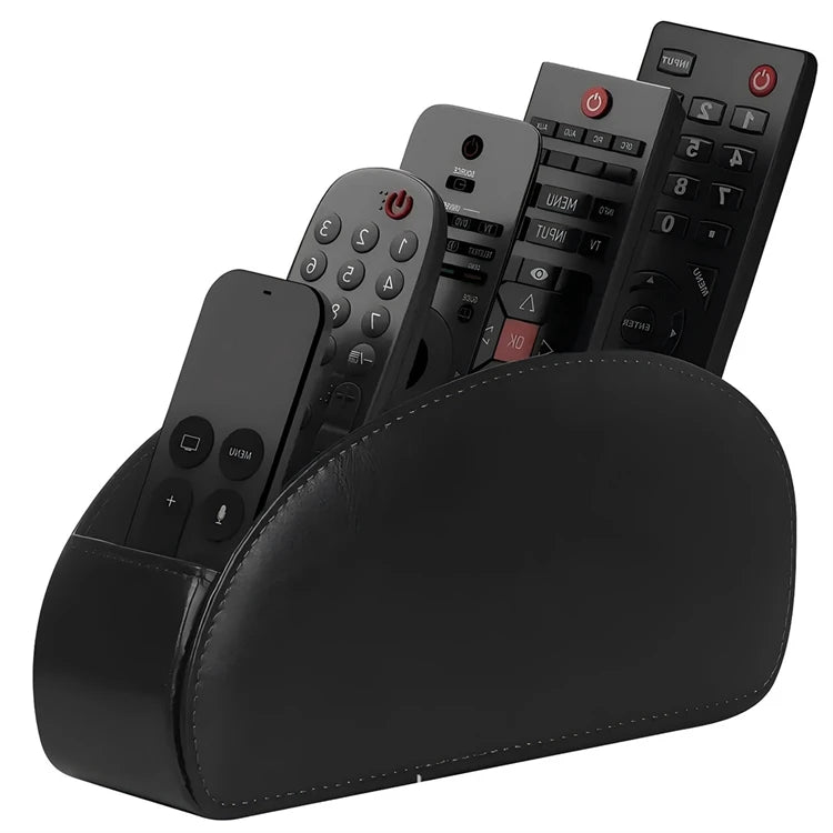A black PU leather remote control holder with five compartments displaying various electronic devices.