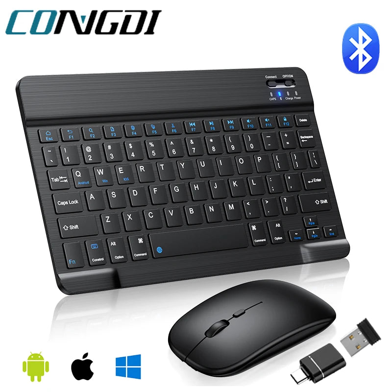 A black portable Bluetooth keyboard shown with a mouse and USB cable for iPad and Android devices.