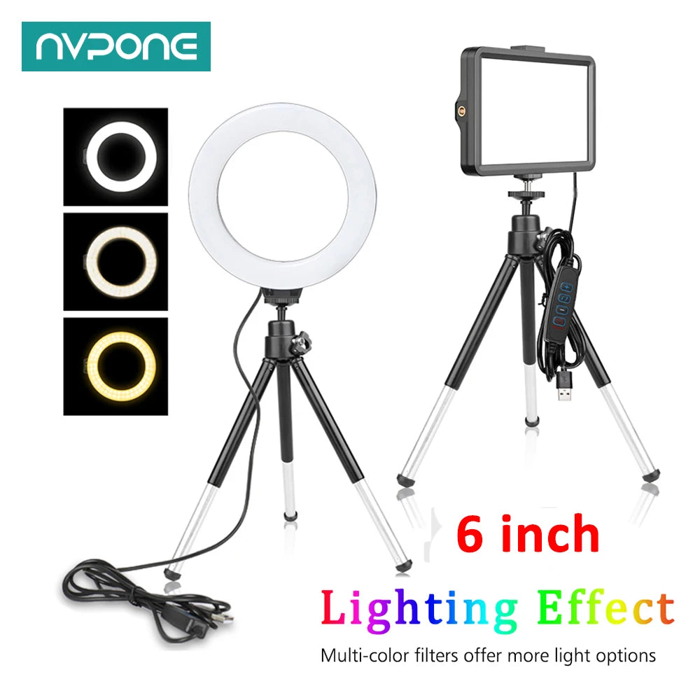 A tripod-mounted 6 inch lighting effect light with multiple color filters for photography and video