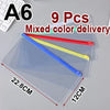 A transparent plastic document file organizer bag containing 9 mixed color pens and pencils.