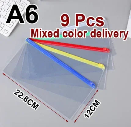 A transparent plastic document file organizer bag containing 9 mixed color pens and pencils.