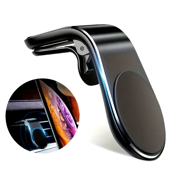 A black magnetic car air vent phone mount is shown in profile with a close-up view of its design.