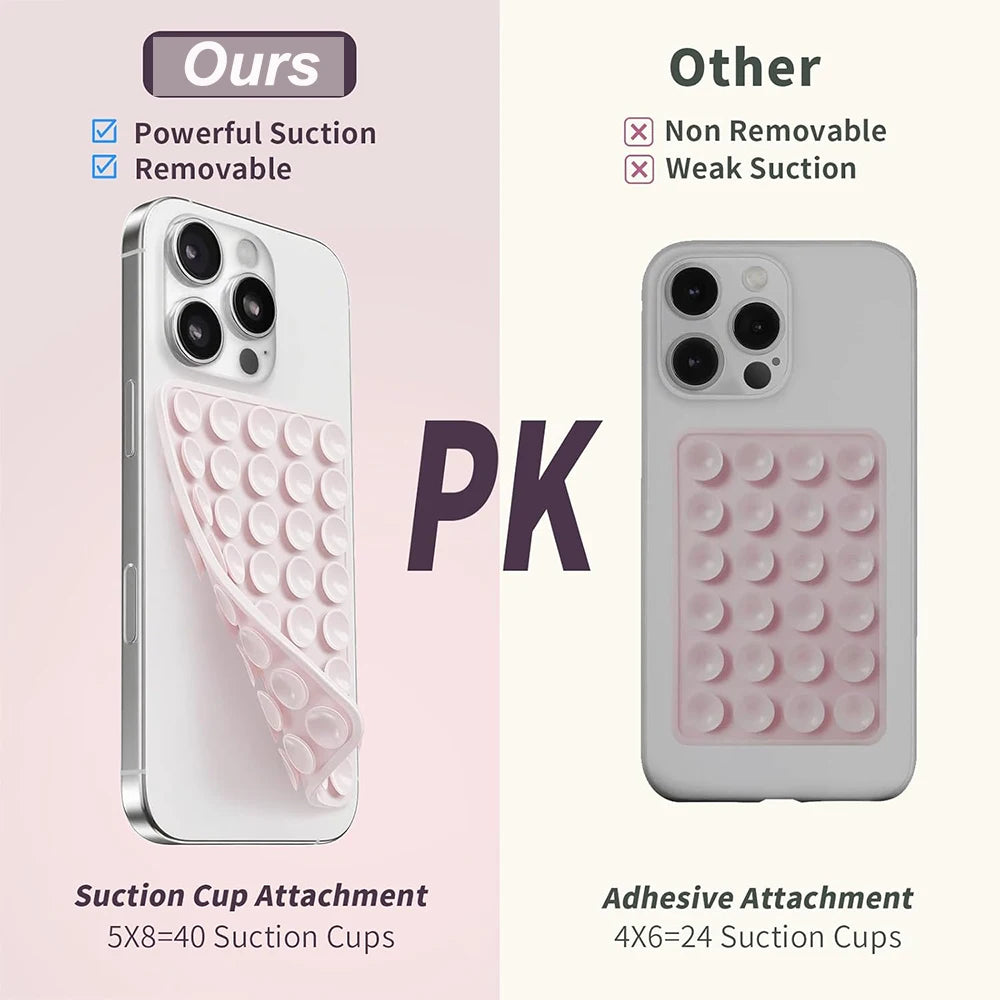 A comparison showing a silicone suction cup phone mount with removable suction cups versus an adhesive attachment version.