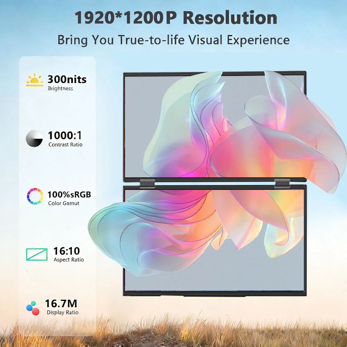 A portable monitor displaying a vibrant, colorful image with high resolution and contrast ratio specifications.