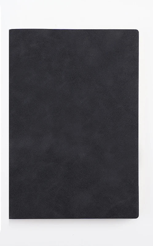 A dark gray or black premium A5 leather journal with a smooth texture.