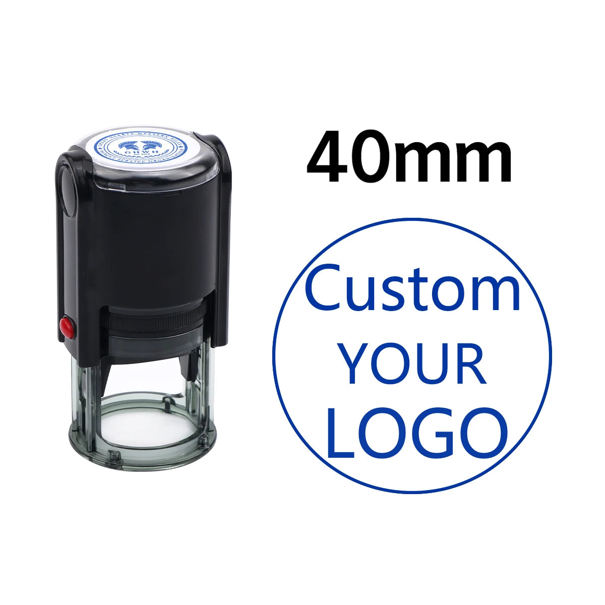 A black self-inking stamp with a clear base and a circular logo design, labeled 40mm.