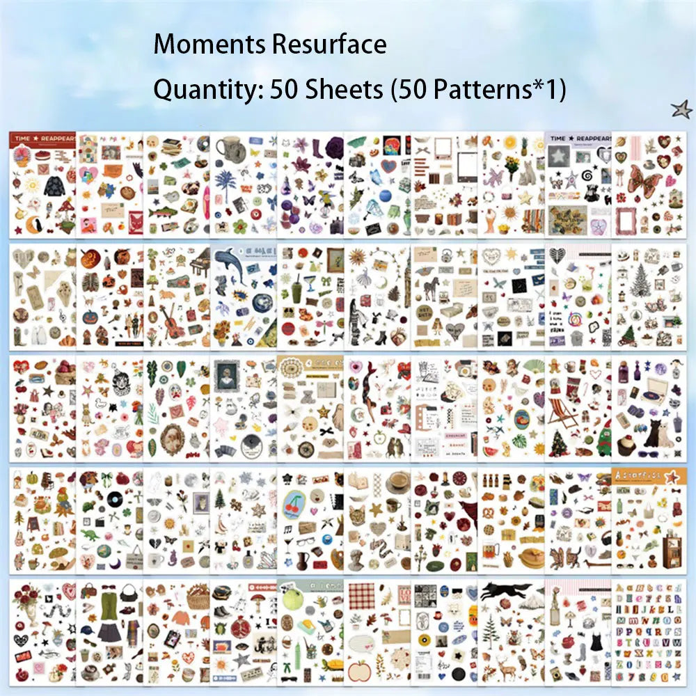 A sheet of aesthetic scrapbooking stickers featuring various nature and animal patterns for crafting.