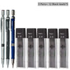 A set of mechanical pencils featuring 3 pens and 12 black leads, all with a 2.0mm lead size.