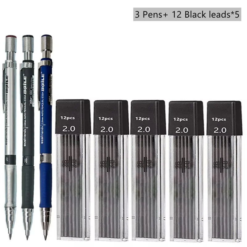 A set of mechanical pencils featuring 3 pens and 12 black leads, all with a 2.0mm lead size.