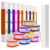 A display of self-sealing money straps in various colors and denominations, organized in vertical strips.