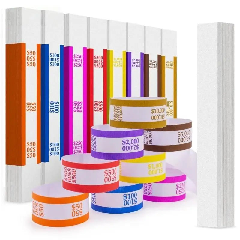 A display of self-sealing money straps in various colors and denominations, organized in vertical strips.