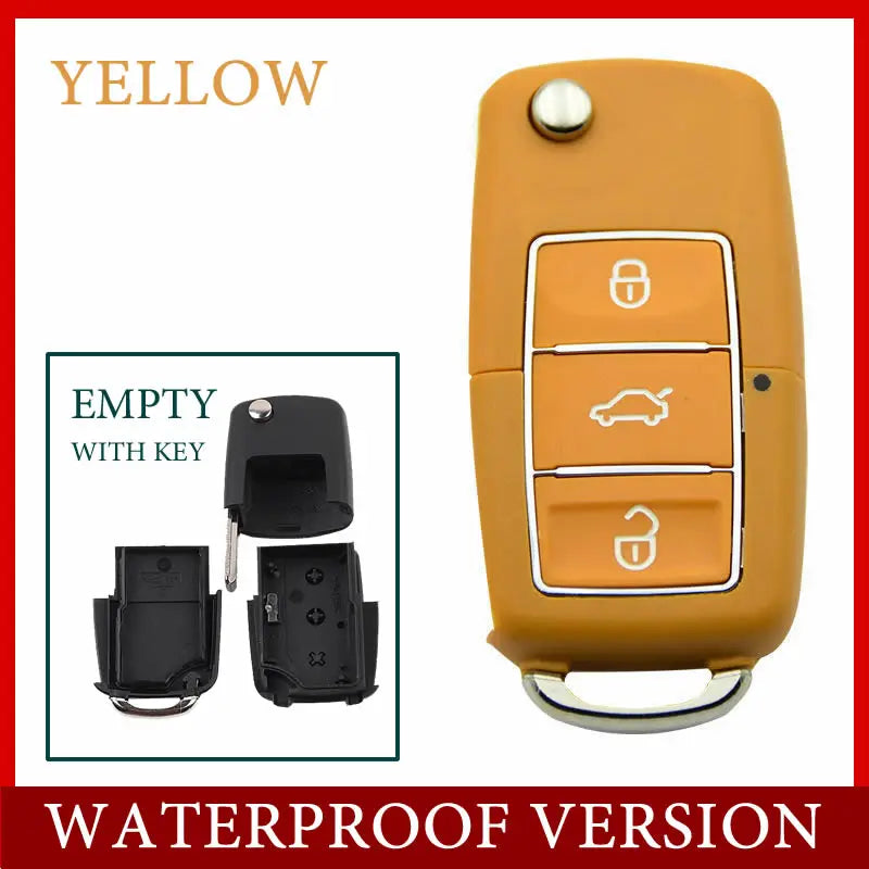 An orange realistic fake car key hidden safe with a secret compartment and a key.