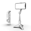 A white Bluetooth selfie stick with an LED fill light mounted on a tripod stand.