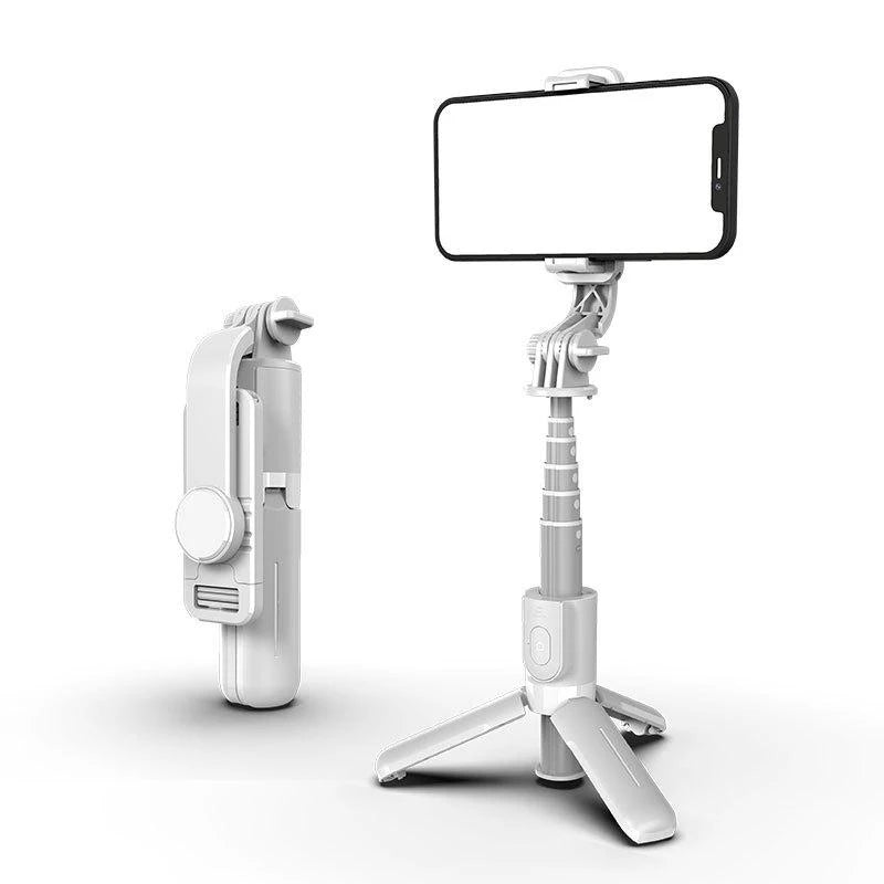 A white Bluetooth selfie stick with an LED fill light mounted on a tripod stand.