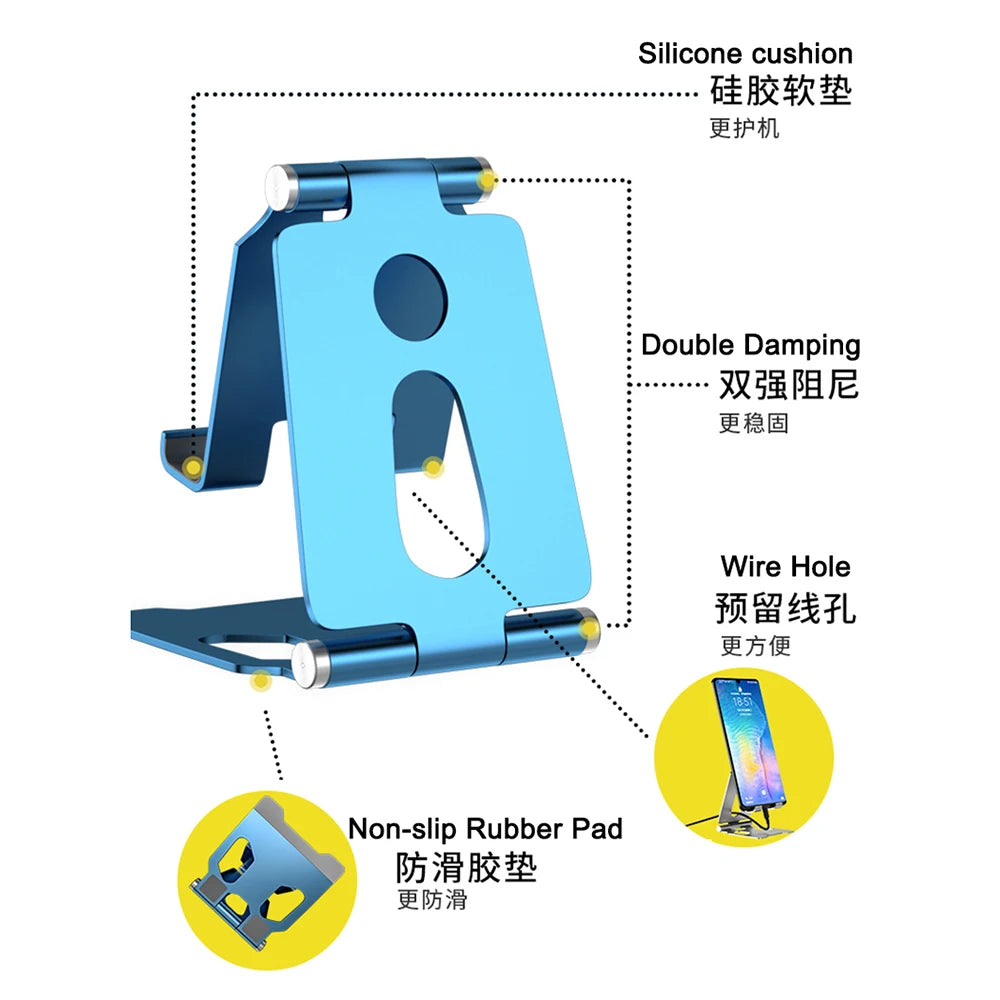 Support de téléphone en silicone bleu avec trou de fil et patin antidérapant portable.