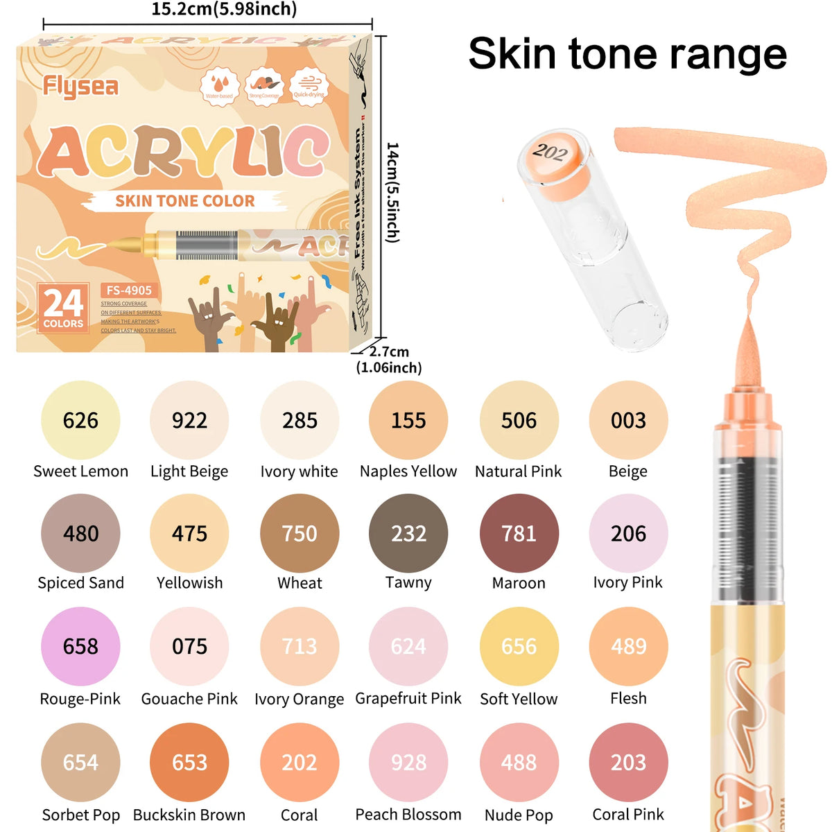 A collection of acrylic skin tone markers in various shades like Lemon, Beige, Pink, and Yellow for DIY crafts.