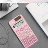 A pink advanced scientific calculator displaying various functions and numbers on a white background.
