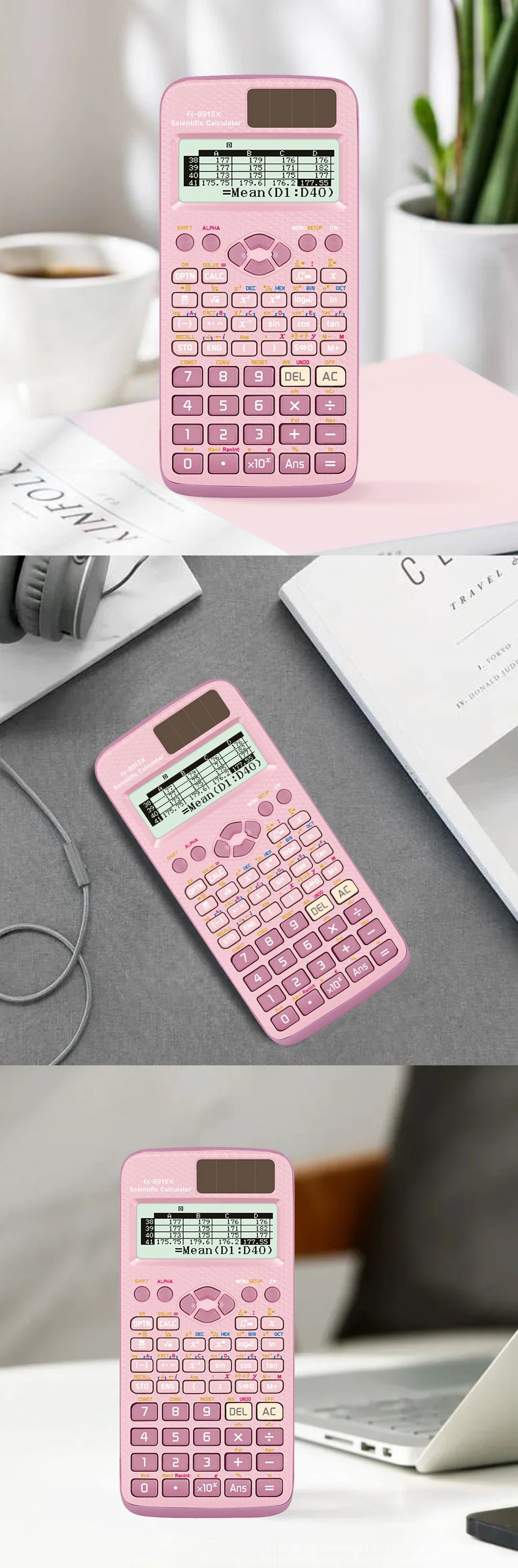 A pink advanced scientific calculator displaying various functions and numbers on a white background.