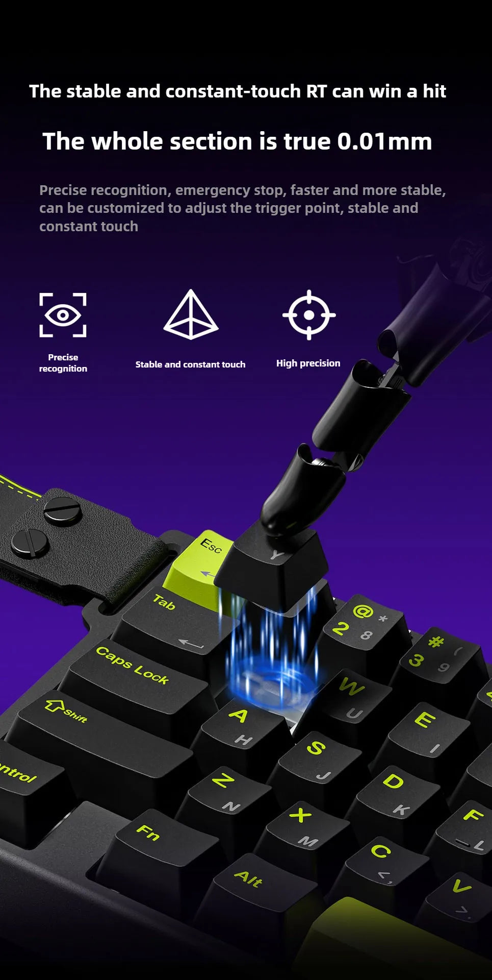 A close-up view of a magnetic switch mechanical keyboard showing its precision features and construction.