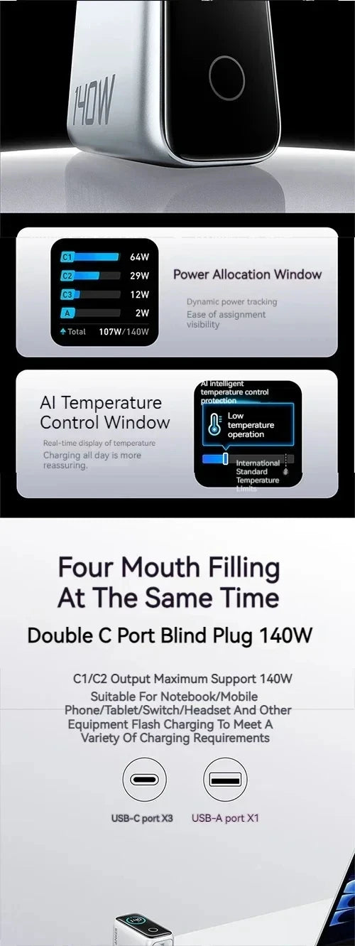 A close-up view of a silver GaN smart display charger showing power allocation windows and four mouth filling ports.