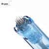 A close-up view of a Dr. pen microneedling cartridge with a metal needle tip and blue plastic housing.