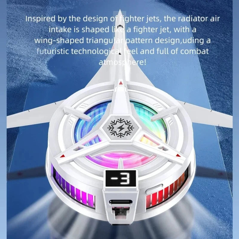 A white magnetic phone cooler with a futuristic, wing-shaped intake design and RGB lighting.