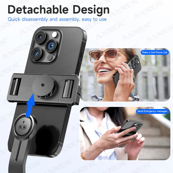 A black smartphone is shown attached to a detachable design, demonstrating quick disassembly and assembly.