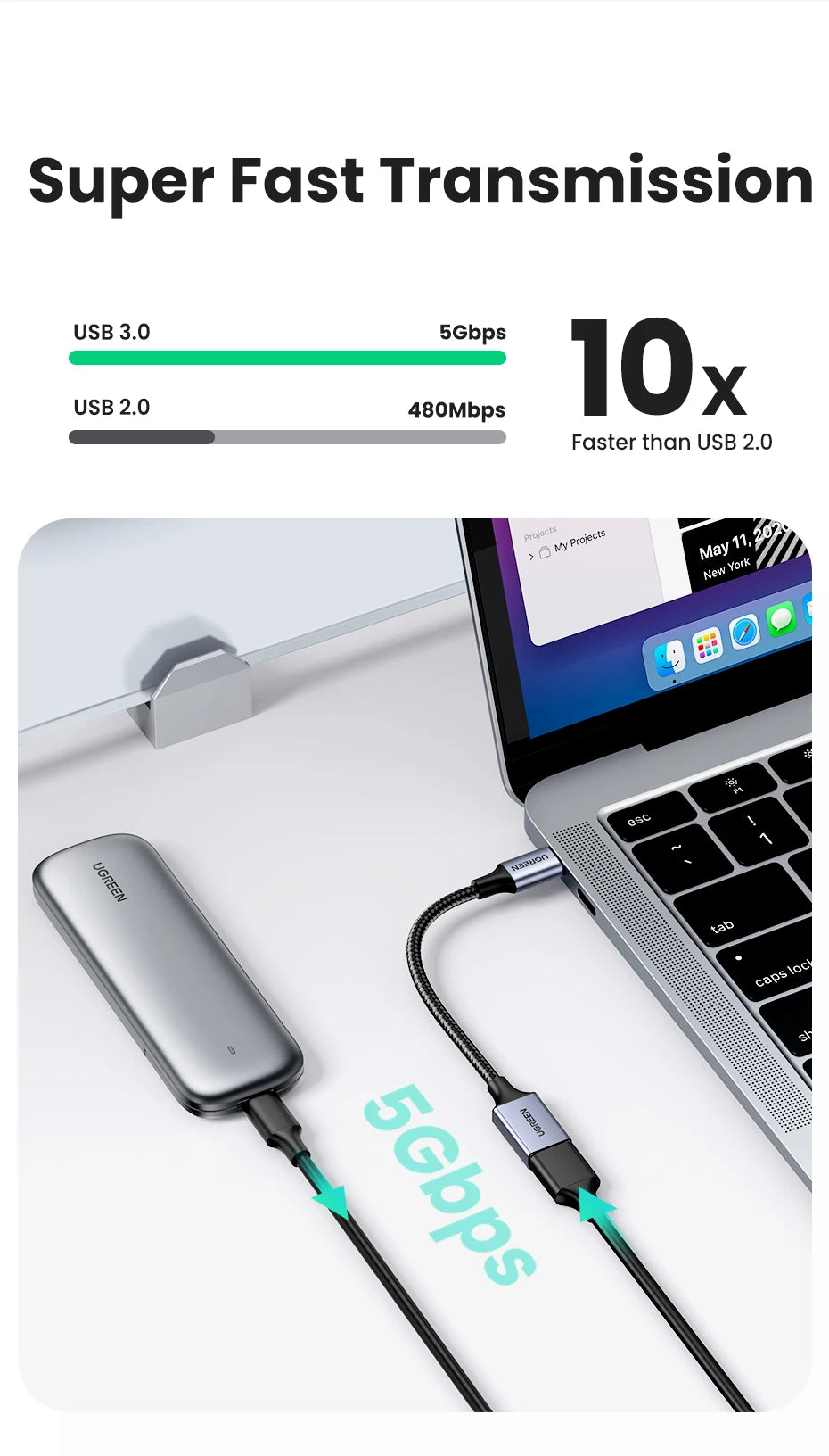 A silver USB-C to USB 3.0 OTG adapter is shown connected to a laptop, demonstrating super fast transmission speeds.