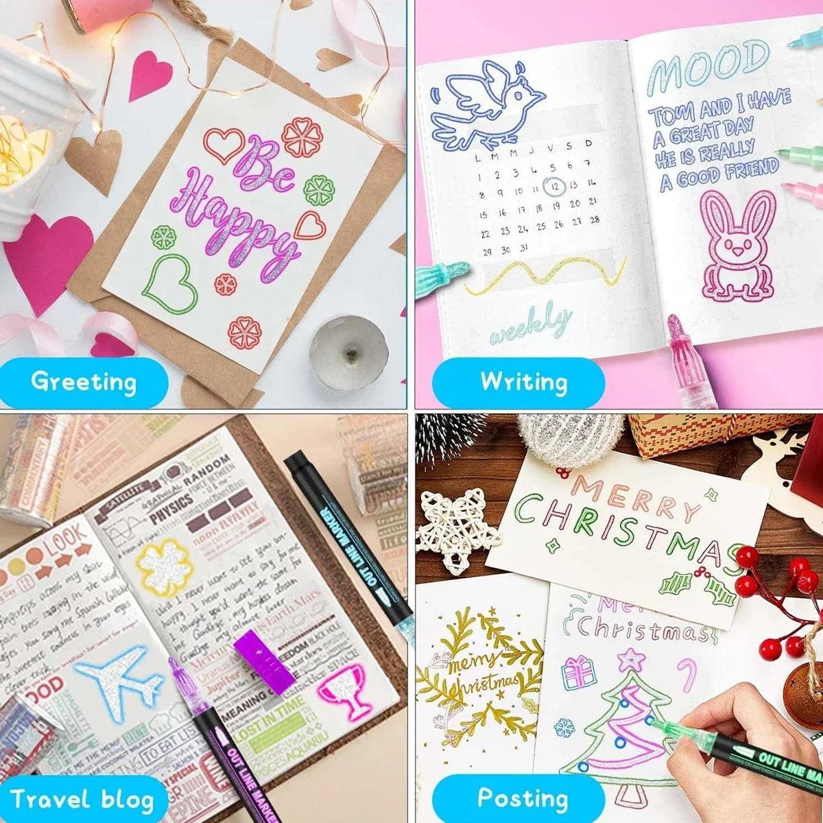 A set of double line outline markers used for greeting cards, writing, and posting
