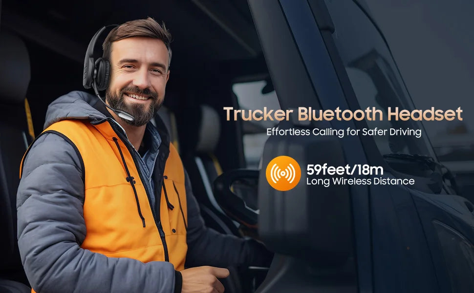A man wearing a yellow jacket is shown inside a vehicle using a trucker Bluetooth headset for safer driving.