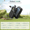 A black solar power bank with multiple cables and ports is shown outdoors on green grass.