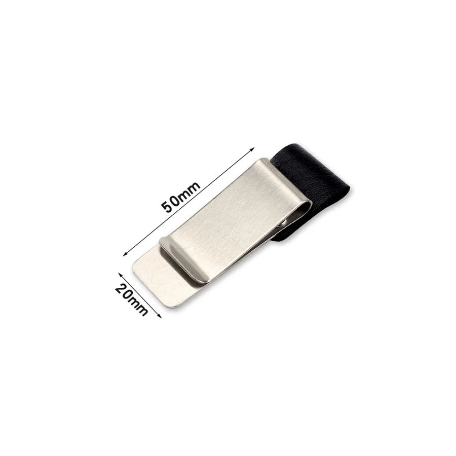 A silver brass pen holder and journal clip attached to a black strap, shown from above.