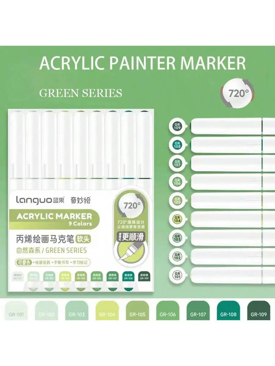 A set of 9 colored acrylic paint markers in the green series with a 720 degree tip for drawing and art