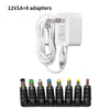 A white 12V adapter with a cord and eight black DC switching power adapters displayed below.