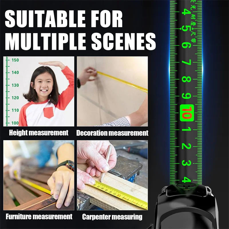 A self-locking fluorescent steel tape measure is shown with various measurement applications like height, decoration, and fur