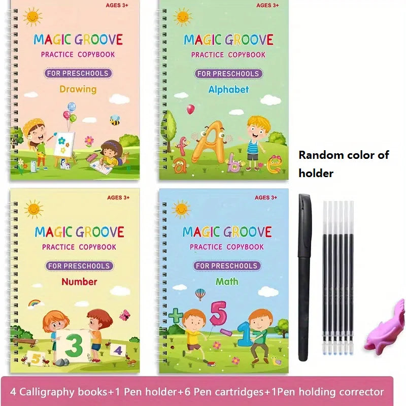 Set of four Magic Groove practice copybooks for preschoolers with corresponding alphabet and number themes.