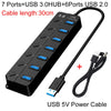 موزع USB 3.0 أسود متعدد المنافذ بسبع منافذ وكابل طاقة