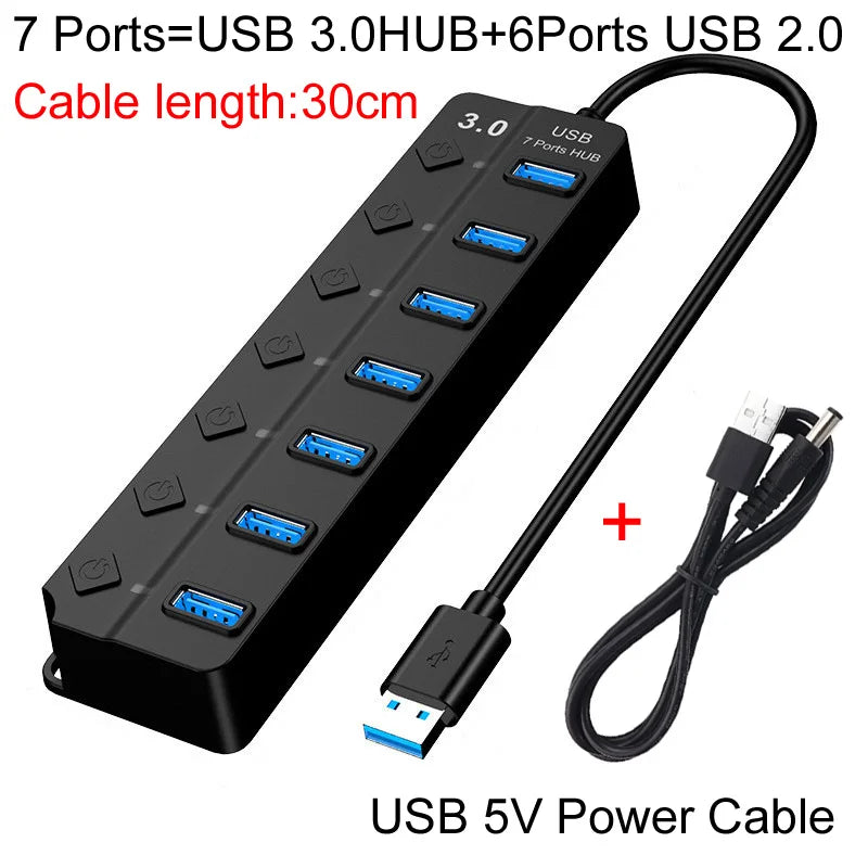 موزع USB 3.0 أسود متعدد المنافذ بسبع منافذ وكابل طاقة