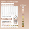 A box of 9 acrylic paint markers in the Cocoa Brown series, showing various shades and a usage instruction.