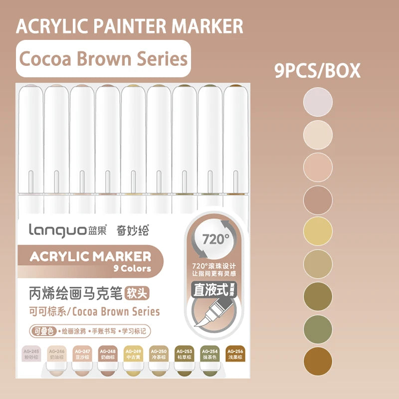A box of 9 acrylic paint markers in the Cocoa Brown series, showing various shades and a usage instruction.