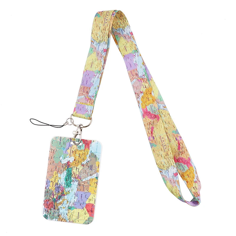 A colorful patterned fabric lanyard with a metal clip attached, suitable for ID badges and accessories.