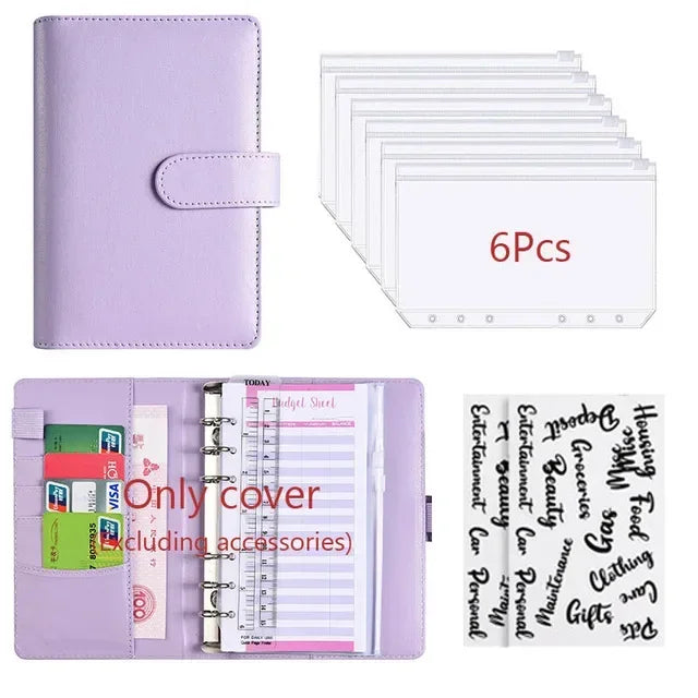 Planificador de cuero PU morado, presupuesto, con varias hojas y accesorios.