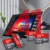 Eine Sammlung von SanDisk Ultra-Speicherkarten in verschiedenen Größen und Farben, neben einem Laptop.