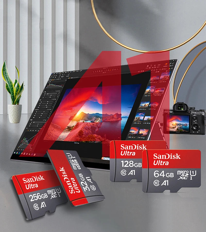 Eine Sammlung von SanDisk Ultra-Speicherkarten in verschiedenen Größen und Farben, neben einem Laptop.