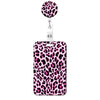 A pink leopard print retractable badge holder with a circular charm.